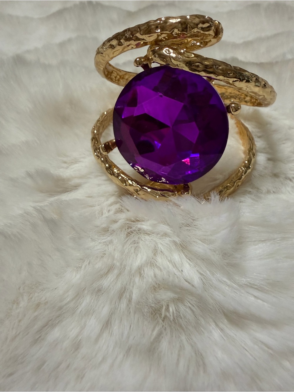Gold Statement Clamper Bracelet with Purple Gem